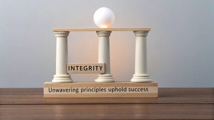 Four balanced pillars supporting integrity and a glowing orb, symbolizing unwavering principles for success.