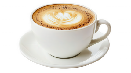 A white cup of coffee with latte art on a white saucer against  in a studio shot on transparent background