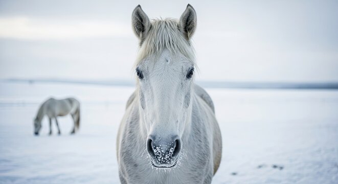 Close-up portrait of a majestic white horse with ice crystals on its muzzle, looking at the camera in a serene, snow-covered landscape during a cold winter day - Powered by Adobe