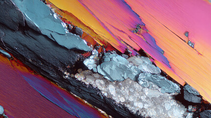 Abstract macro shot displaying a colorful, layered texture, evocative of geological formations or mineral structures. Excellent for science, design concepts, or vibrant backgrounds.