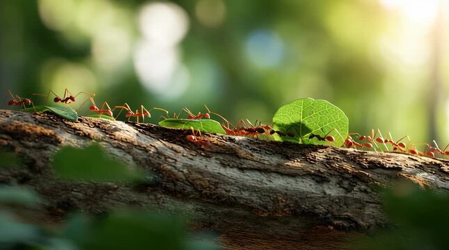 A close-up view of leafcutter ants walking along a mossy tree branch while carrying pieces of green leaves, set against a soft, blurred forest background.