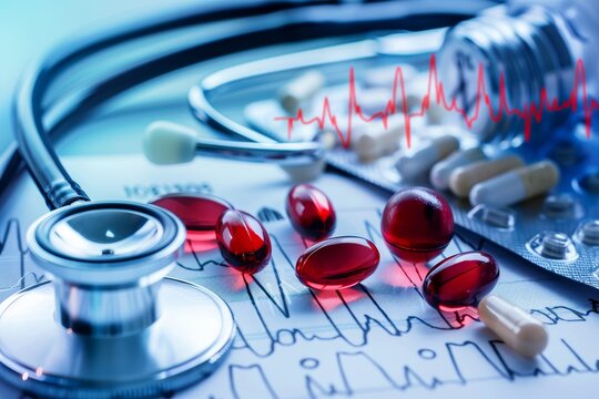 Medicine background with cardiograms and pills