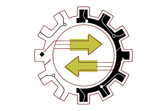 Gear icon with bidirectional arrows and circuit board element isolated on transparent background