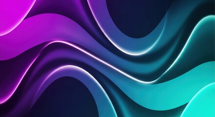 Vibrant abstract background with glowing purple and cyan waves.