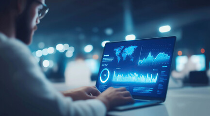 Professional analyzes comprehensive global data visualizations on illuminated laptop screen nightly.