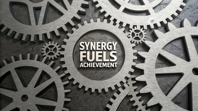 Polished metal interlocking gears displaying the bold quote Synergy Fuels Achievement, representing progress and industry