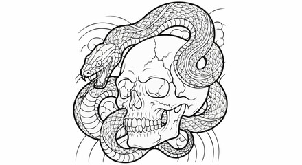 Intricate monochrome illustration of a skull entwined by a serpent.