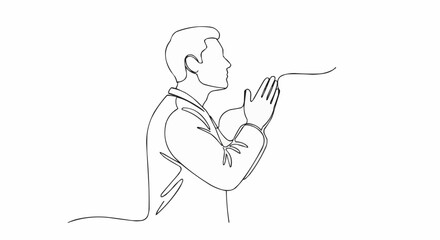 Continuous Line Drawing of a Man Praying with Hands Together.