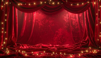 Red velvet theater stage with warm lights creates inviting atmosphere for performances and events