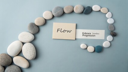 Smooth, river-worn pebbles arranged in a flowing arc with text indicating 'Flow' and 'Embrace Seamless Progression'