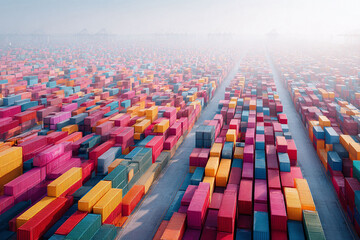 Aerial view of colorful shipping containers. Symbolizes global trade, logistics, import, export, and the interconnectedness of the world. Modern, vibrant, and industrial.
