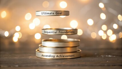 Stacked rings symbolizing ascending achievement and sequential foundations toward an ultimate goal, illuminated by ambient bokeh lights.