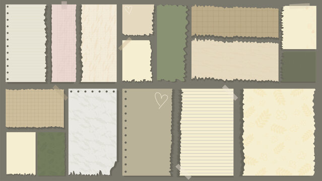 Aesthetic Torn Paper Notes Set Ripped Pages Tape Background.