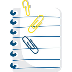 Open notebook page with blue spiral binding and yellow and blue paperclips scattered on lined white paper with blue lines