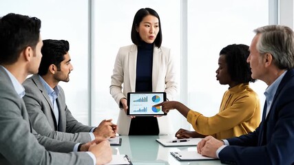 Diverse business team in a modern office analyzing data on a tablet during a corporate meeting Professional woman presents financial charts to global colleagues - Powered by Adobe