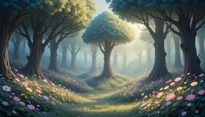 cartoon fairy forest in pastel tones, glowing flowers, rounded trees, dreamy