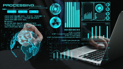 Modern workspace featuring digital analytics visualization with global connectivity, showcasing data processing and business metrics for enhanced decision making. Cipher