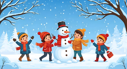 Fototapeta premium Joyful group of young children actively building a cheerful snowman together in a magical, snowy winter landscape under a gentle snowfall, highlighting teamwork and seasonal fun