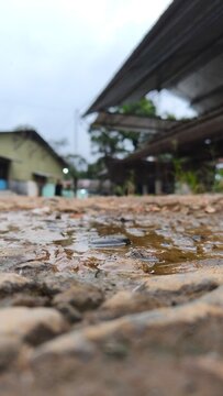 Low angle view of a wet muddy puddle on a rural dirt road