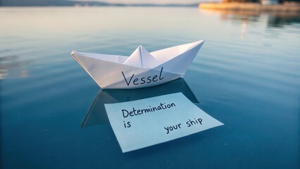 White paper boat labeled Vessel floats on calm blue water with a handwritten message of Determination is your ship