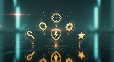 Golden abstract technology icons representing protection, search, target, star, and gear on a reflective surface with a modern tech feel