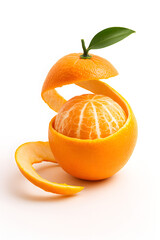 Tangerine Revelation: A close-up shot captures a freshly peeled tangerine, its vibrant segments glistening. The coiled peel rests beside it, inviting the senses and hinting at juicy freshness.