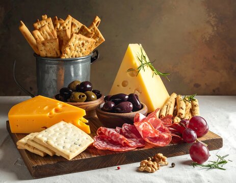 Assortment of gourmet cheese, meats, olives, and crackers on a board - Powered by Adobe