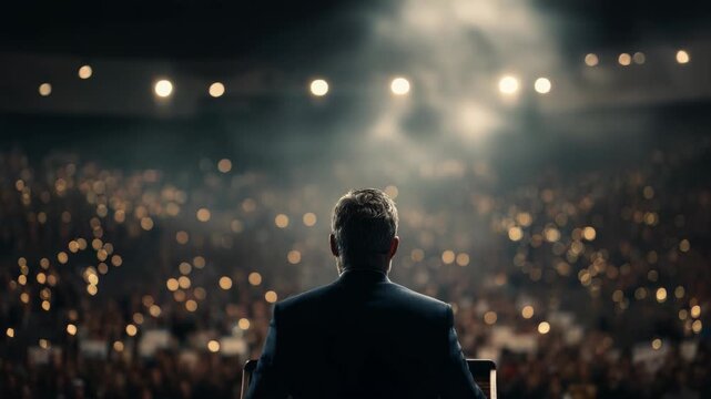 Speaker delivering speech to large crowd under spotlights at night