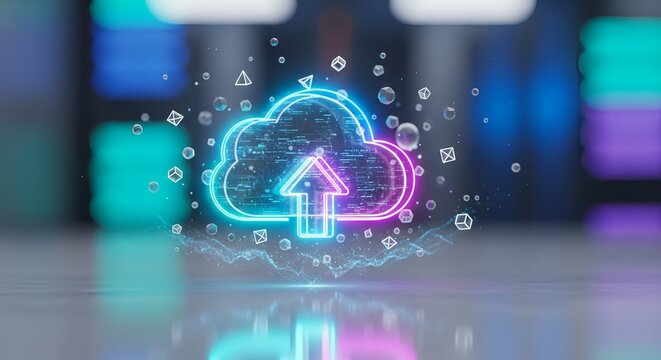 Modern neon cloud computing concept for data storage and backup solutions with vibrant colors and a professional, cutting-edge feel - Powered by Adobe