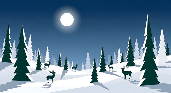 Tranquil winter night illustration with majestic deer in snow-covered forest, illuminated by a brilliant full moon, creating a serene and magical seasonal landscape