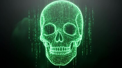 A glowing green digital skull with binary code, creating an eerie atmosphere.