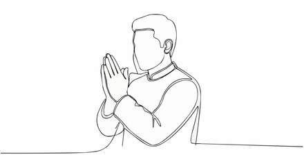Man in prayer position showing respect and gratitude in line art.
