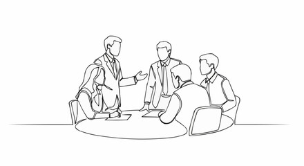 Business meeting of five people discussing project strategy around table.