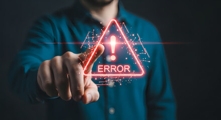 Man points to glowing error sign, potential for technology malfunction or cybersecurity concerns, warning alert system, modern problem solving
