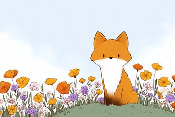 Obraz premium A cute, cartoon fox sitting in a field of colorful flowers against a bright sky. Illustration embodies innocence, wonder, suitable for childrens content and nature themed projects.