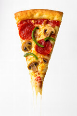 Slice of Pizza: An appetizing close-up of a single pizza slice, showcasing a symphony of flavors and textures with bubbling cheese, savory pepperoni, mushrooms, and vibrant green peppers.