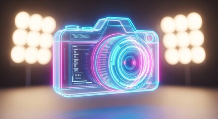 Sleek futuristic camera with neon lights and digital interface showcases advanced technology for photography enthusiasts and creative projects