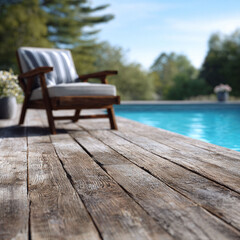 Tranquil outdoor scene with a weathered deck, pool, and relaxing chair. Evokes leisure, summer, and escape. Perfect for travel, lifestyle, or design concepts.