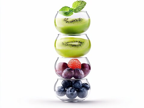 Four clear glass bowls are stacked vertically, each containing different fruits. The top bowl has kiwi slices and a mint leaf. The second bowl also contains kiw