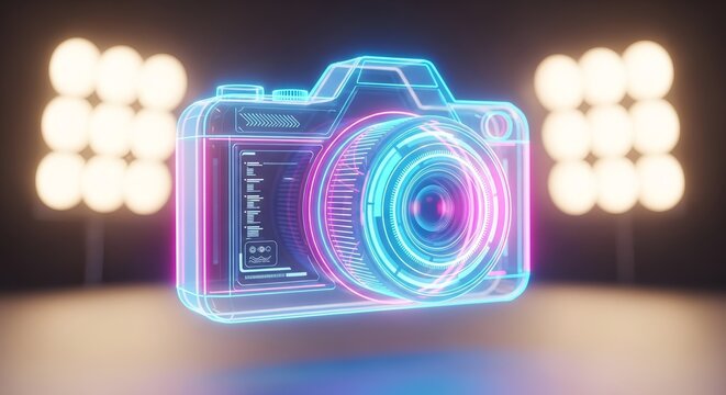 Sleek futuristic camera with neon lights and digital interface showcases advanced technology for photography enthusiasts and creative projects