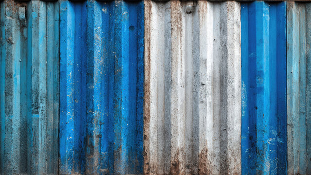 Close-up of a weathered industrial corrugated metal wall, featuring textured sections of faded blue, light blue, and grimy white with rust.