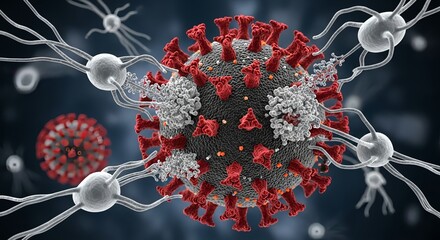 Detailed microscopic view of virus cells attacking human cells, a modern representation of infectious disease and medical research advancements