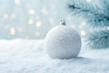 Elegant Christmas Bauble Ornament on Fresh Snow with Holiday Lights Background