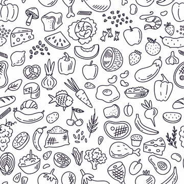 Vector seamless pattern from healthy food collection, hand drawn in doodle style	
