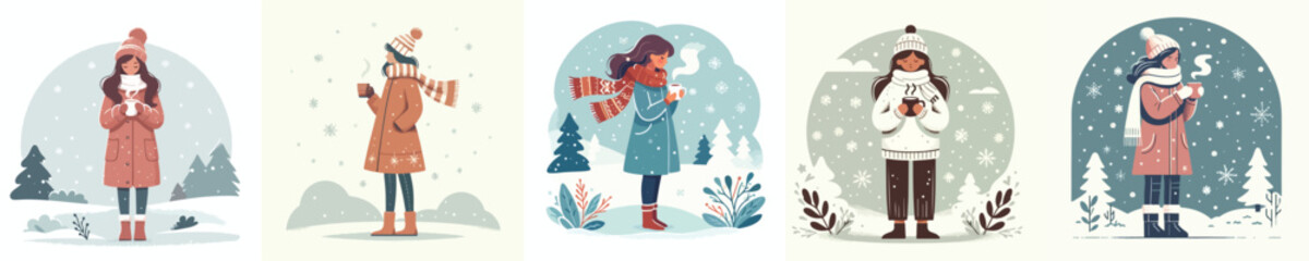 woman standing in the snow holding a warm mug