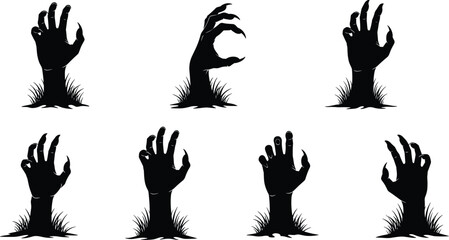 Set of Zombie and Monster Hands Rising from the Grave with Grass Spooky Halloween Holiday Decoration Silhouette Vector Illustration Isolated on White