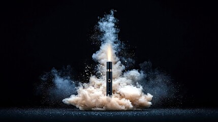 A black vape pen standing upright, emitting a dramatic explosion of light-colored smoke and particles against a dark, textured background.