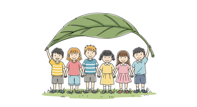 Children united under leaf canopy, symbolizing ecological awareness and harmonious coexistence