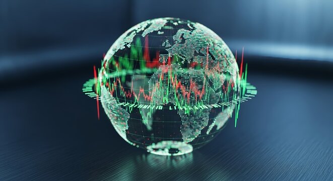 Global market trends with vibrant financial analytics on a futuristic globe showing worldwide economy and stock exchange data analysis