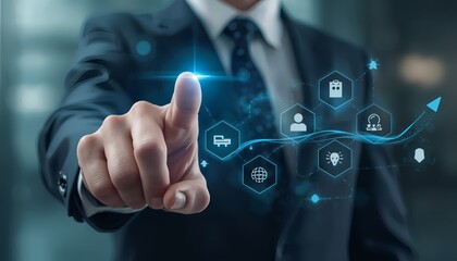 Elegant businessman touching a virtual screen with futuristic business icons for innovation and growth in a professional setting